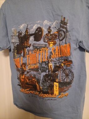 Gildan Blue Short Sleeve Tee with Orange and Black Full Throttle Saloon Graphic